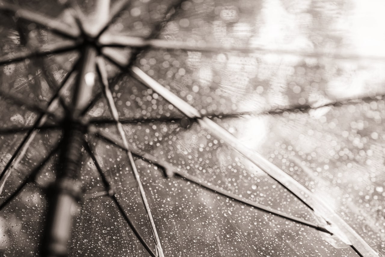 Gotas de chuva sobre um guarda-chuva transparente